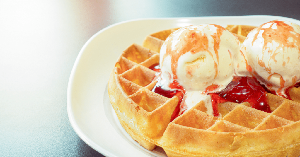 Healthy sourdough waffle with homemade ice cream as a nice dessert