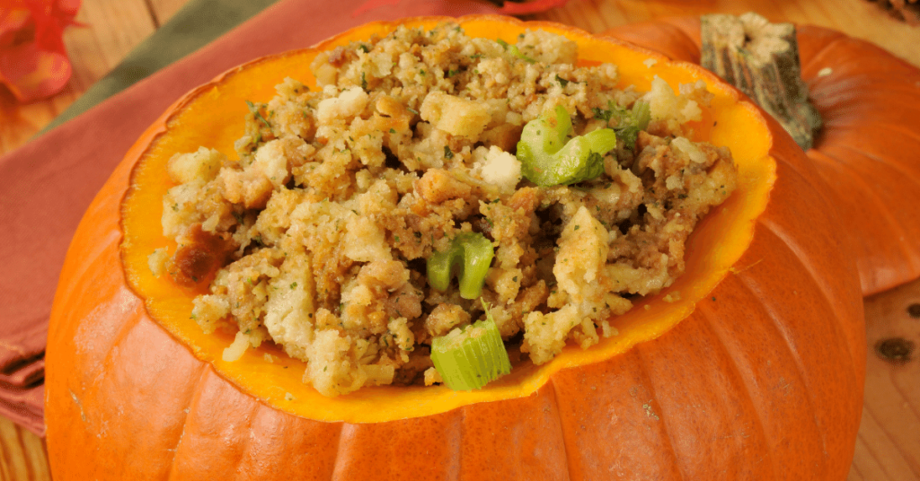Healthy cornbread stuffing inside of pumpkin for a more unique idea for holiday dinners