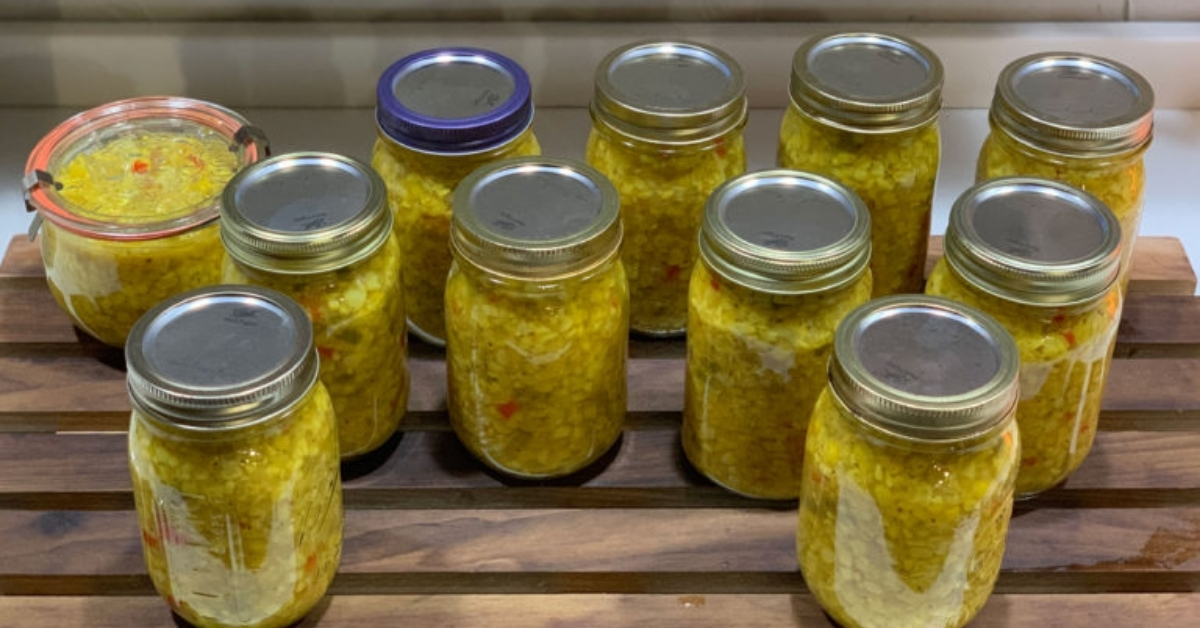 Canning and preserving corn chow relish.