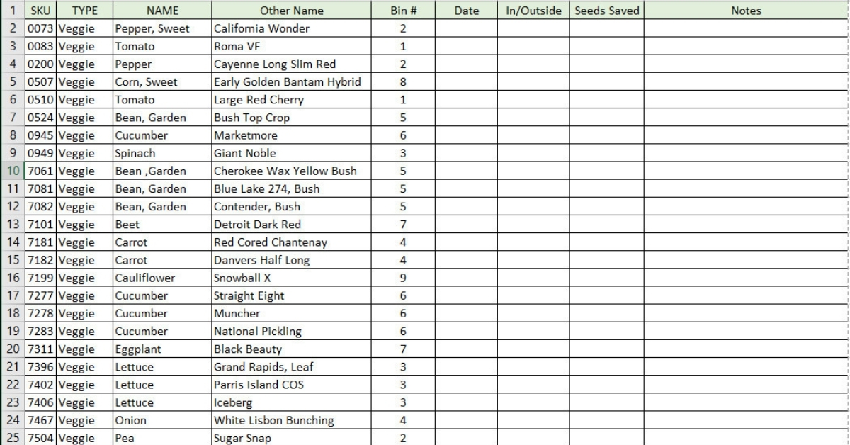 Excel sheet for maintaining data on seed organization and storage.