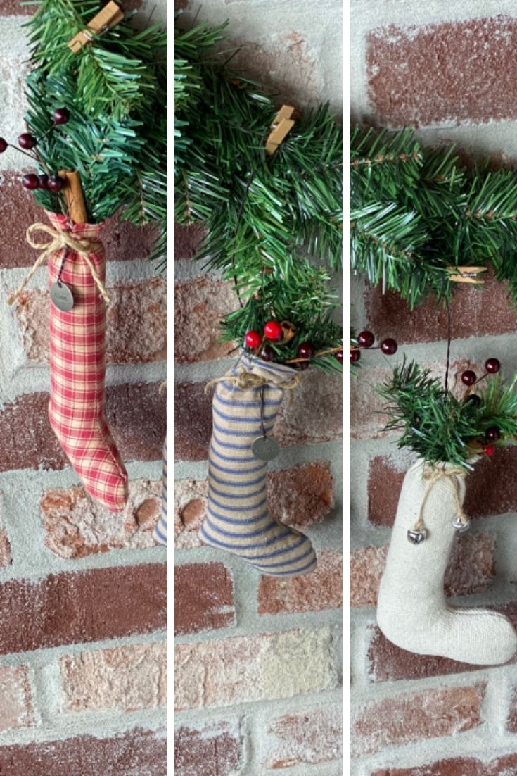 Make a variety of Farmhouse and Primitive stocking ornaments by changing out the fabric