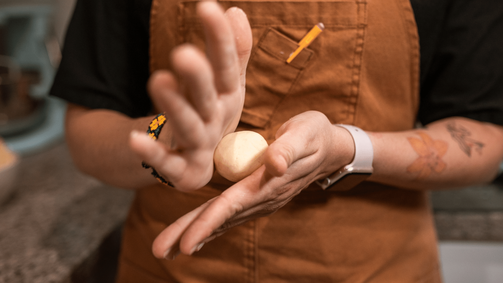 Roll sourdough tortilla dough into 2-inch size balls, and keep them covered while cooking on a griddle so they don't dry out.